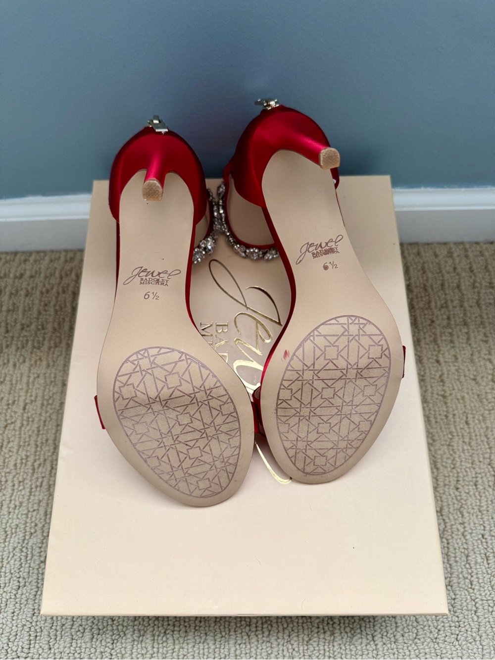 Badgley Mischka Red Satin Crystal-Ankle Strap Stilettos - Picture 5 of 6